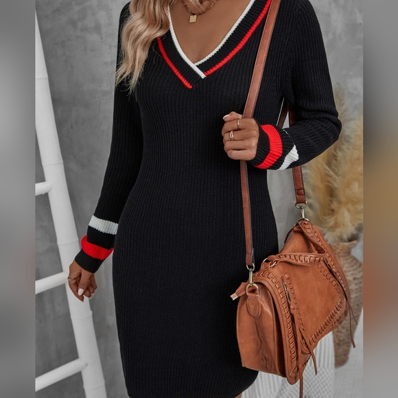 Striped Trim V Neck Sweater Dress - Picture 5 of 6